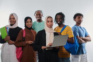 Group of diverse students engages in modern educational practices, utilizing a variety of technological tools such as laptops, tablets, and smartphones against a clean white background, exemplifying photo