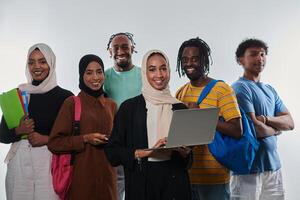 Group of diverse students engages in modern educational practices, utilizing a variety of technological tools such as laptops, tablets, and smartphones against a clean white background, exemplifying photo