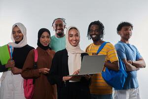Group of diverse students engages in modern educational practices, utilizing a variety of technological tools such as laptops, tablets, and smartphones against a clean white background, exemplifying photo
