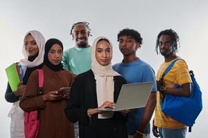 Group of diverse students engages in modern educational practices, utilizing a variety of technological tools such as laptops, tablets, and smartphones against a clean white background, exemplifying photo