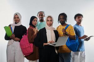 Group of diverse students engages in modern educational practices, utilizing a variety of technological tools such as laptops, tablets, and smartphones against a clean white background, exemplifying photo