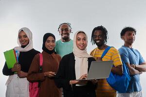 Group of diverse students engages in modern educational practices, utilizing a variety of technological tools such as laptops, tablets, and smartphones against a clean white background, exemplifying photo