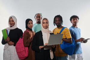 Group of diverse students engages in modern educational practices, utilizing a variety of technological tools such as laptops, tablets, and smartphones against a clean white background, exemplifying photo