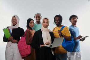 Group of diverse students engages in modern educational practices, utilizing a variety of technological tools such as laptops, tablets, and smartphones against a clean white background, exemplifying photo