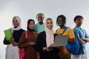 Group of diverse students engages in modern educational practices, utilizing a variety of technological tools such as laptops, tablets, and smartphones against a clean white background, exemplifying photo