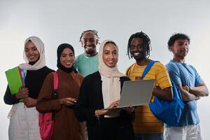 Group of diverse students engages in modern educational practices, utilizing a variety of technological tools such as laptops, tablets, and smartphones against a clean white background, exemplifying photo