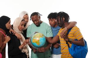 A diverse group of students is gathered around a globe, engrossed in exploration and study, their vibrant energy captured against a pristine white background, symbolizing unity and curiosity in their photo