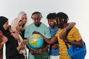 A diverse group of students is gathered around a globe, engrossed in exploration and study, their vibrant energy captured against a pristine white background, symbolizing unity and curiosity in their photo
