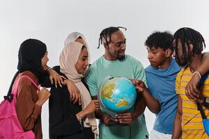 A diverse group of students is gathered around a globe, engrossed in exploration and study, their vibrant energy captured against a pristine white background, symbolizing unity and curiosity in their photo