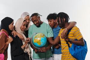 A diverse group of students is gathered around a globe, engrossed in exploration and study, their vibrant energy captured against a pristine white background, symbolizing unity and curiosity in their photo