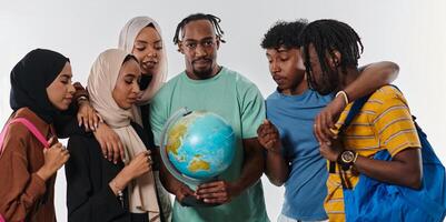 A diverse group of students is gathered around a globe, engrossed in exploration and study, their vibrant energy captured against a pristine white background, symbolizing unity and curiosity in their photo