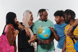 A diverse group of students is gathered around a globe, engrossed in exploration and study, their vibrant energy captured against a pristine white background, symbolizing unity and curiosity in their photo