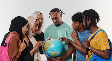 A diverse group of students is gathered around a globe, engrossed in exploration and study, their vibrant energy captured against a pristine white background, symbolizing unity and curiosity in their photo