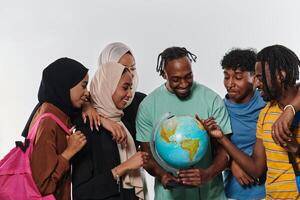 A diverse group of students is gathered around a globe, engrossed in exploration and study, their vibrant energy captured against a pristine white background, symbolizing unity and curiosity in their photo