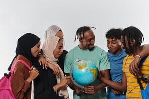 A diverse group of students is gathered around a globe, engrossed in exploration and study, their vibrant energy captured against a pristine white background, symbolizing unity and curiosity in their photo