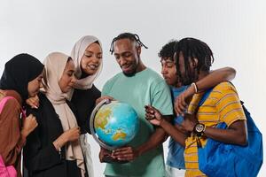 A diverse group of students is gathered around a globe, engrossed in exploration and study, their vibrant energy captured against a pristine white background, symbolizing unity and curiosity in their photo