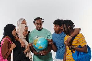 A diverse group of students is gathered around a globe, engrossed in exploration and study, their vibrant energy captured against a pristine white background, symbolizing unity and curiosity in their photo