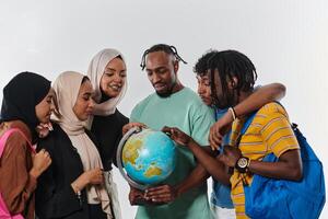 A diverse group of students is gathered around a globe, engrossed in exploration and study, their vibrant energy captured against a pristine white background, symbolizing unity and curiosity in their photo