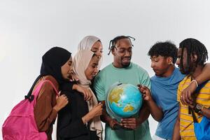 A diverse group of students is gathered around a globe, engrossed in exploration and study, their vibrant energy captured against a pristine white background, symbolizing unity and curiosity in their photo