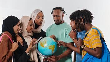 A diverse group of students is gathered around a globe, engrossed in exploration and study, their vibrant energy captured against a pristine white background, symbolizing unity and curiosity in their photo