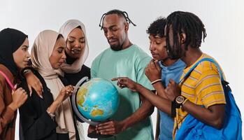 A diverse group of students is gathered around a globe, engrossed in exploration and study, their vibrant energy captured against a pristine white background, symbolizing unity and curiosity in their photo