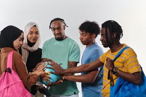 A diverse group of students is gathered around a globe, engrossed in exploration and study, their vibrant energy captured against a pristine white background, symbolizing unity and curiosity in their photo