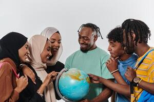 A diverse group of students is gathered around a globe, engrossed in exploration and study, their vibrant energy captured against a pristine white background, symbolizing unity and curiosity in their photo