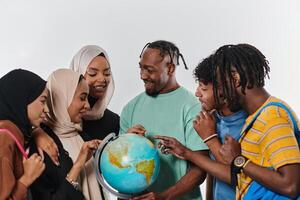 A diverse group of students is gathered around a globe, engrossed in exploration and study, their vibrant energy captured against a pristine white background, symbolizing unity and curiosity in their photo