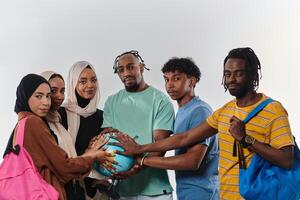 A diverse group of students is gathered around a globe, engrossed in exploration and study, their vibrant energy captured against a pristine white background, symbolizing unity and curiosity in their photo