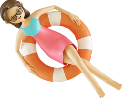 3d woman character floating on the beach using a life buoy png
