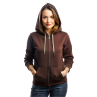 Mockup of a Woman Wearing a Dark Chocolate Hoodie - Isolated on Transparent Background png