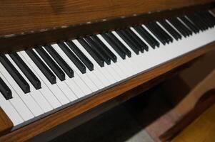 Black and white piano keys in wooden frame, perspective and selective focus photo