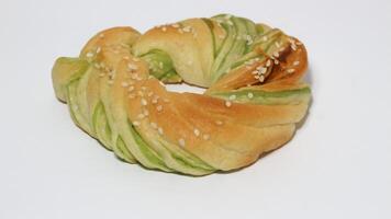 Indonesian bread stuffed with green beans isolated on white background. Selective focus photo