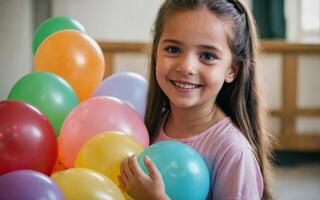 Smiling a child little girl Playing with Colorful Balloons photo