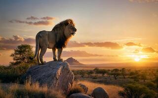 a lion standing on a rock overlooking the savanna at sunset photo