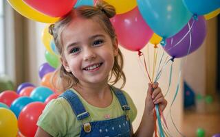 Smiling a child little girl holding Colorful Balloons photo