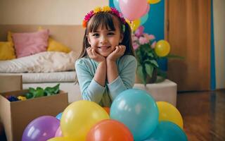 Smiling a child little girl Playing with Colorful Balloons photo