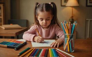 a little girl drawing at a table with various colored pencils, focused expression photo