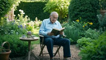 An elderly man enjoying a peaceful moment of solitude while reading a book in their backyard garden photo