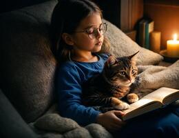 a little girl and her cat snuggled up together while reading a book photo