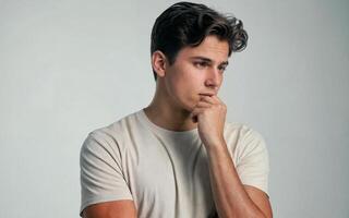 a young man deep in thought, with a pensive expression and their hand resting on their chin photo