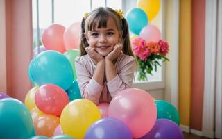 Smiling a child little girl Playing with Colorful Balloons photo