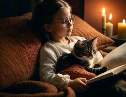 a little girl and her cat snuggled up together while reading a book photo