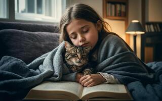 a little girl and her cat snuggled up together while reading a book photo