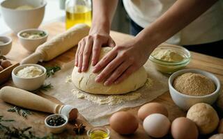A close-up of a woman's hands preparing fresh dough or baking ingredients on a kitchen counter photo