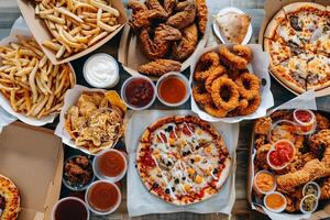 a table full of food including pizza, pizza, and french fries. photo