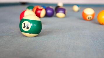 Billiards sports game. Multi-colored billiard balls with numbers on the pool table. Active recreation and entertainment. photo