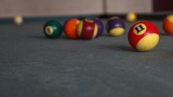 Billiards sports game. Multi-colored billiard balls with numbers on the pool table. Active recreation and entertainment. photo