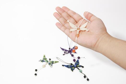 Full color butterfly handmade macrame keychain with beads photo