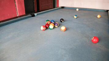 Billiards sports game. Multi-colored billiard balls with numbers on the pool table. Active recreation and entertainment. photo
